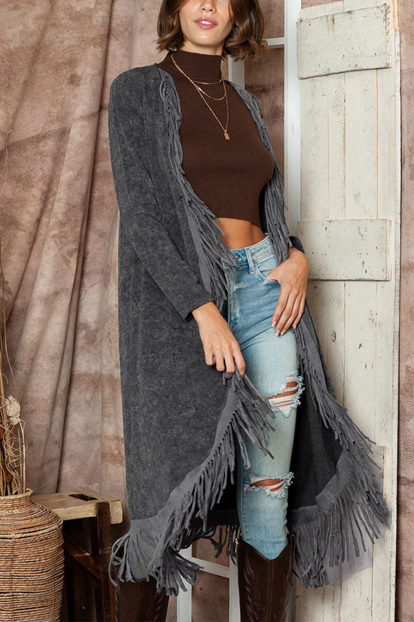 Malaya® | Lange Strickjacke mit mineralgewaschener Quaste und offener Vorderseite