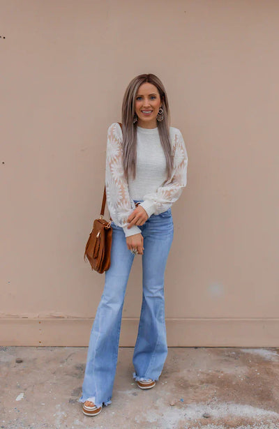 Pullover mit Blumenärmeln | Strukturstrick | Femininer Look