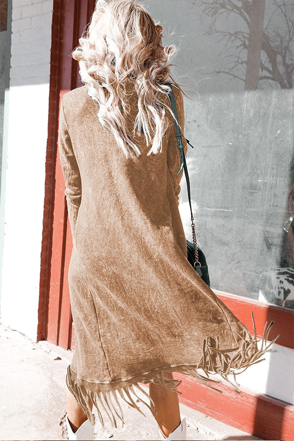 Malaya® | Lange Strickjacke mit mineralgewaschener Quaste und offener Vorderseite