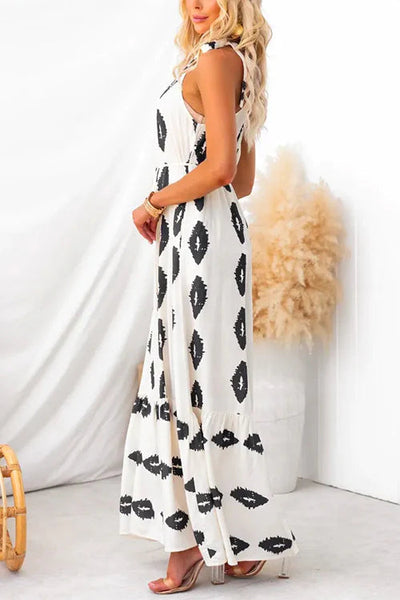 Elena® | Bedrucktes Rüschen-Maxikleid mit Schleife und Knoten an einer Schulter