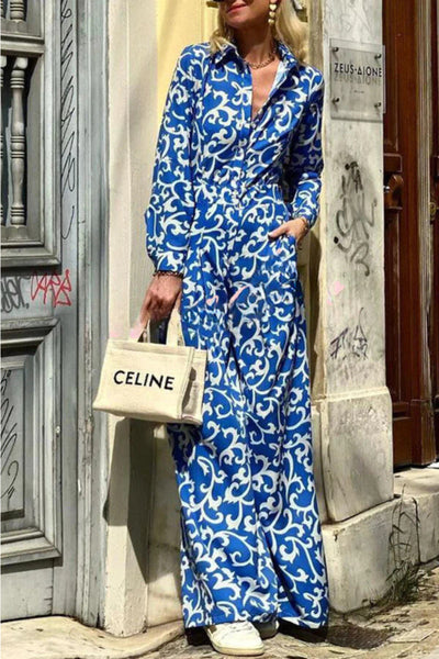 Luisa® | Langärmliges Hemd-Maxikleid mit Ethno-Print, Reversknopftasche und Hemd