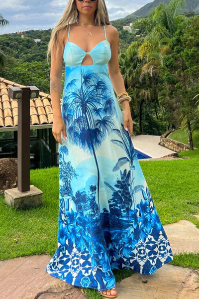 Alma® | Urlaubsblaues Kleid mit Hosenträger-Print