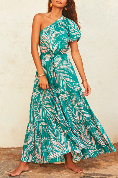 Juana® | Fließendes, bedrucktes Maxikleid mit einer Schulter und Kordelzug an der Taille