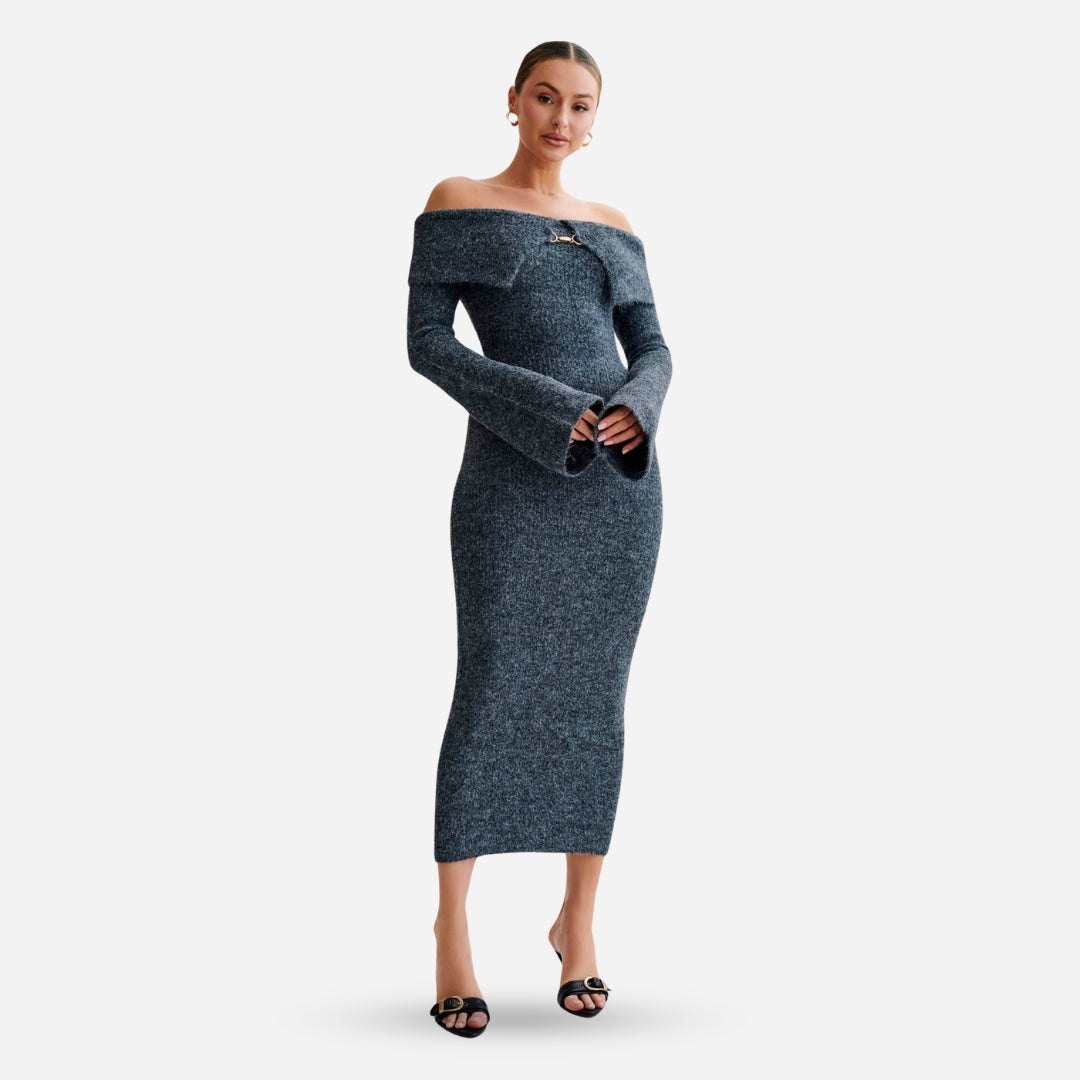 Schulterfreies Strickkleid | Figurbetont | Eleganter Häkchenverschluss