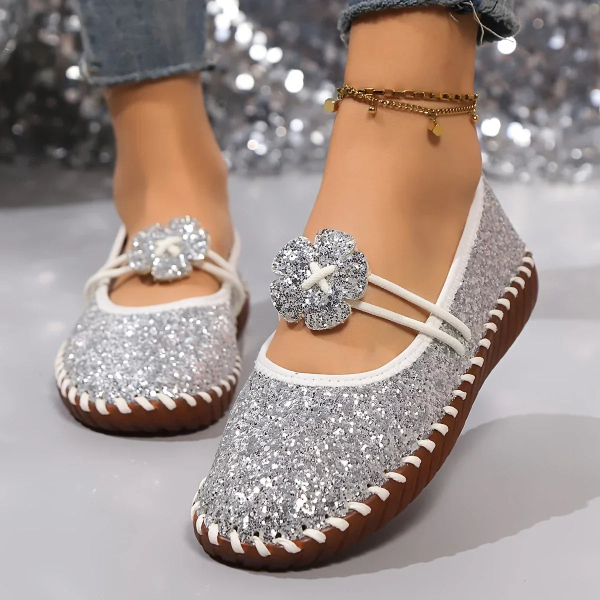 Glitzer-Ballerinas mit Blume | Elastikriemen | Funkelnd & Verspielt