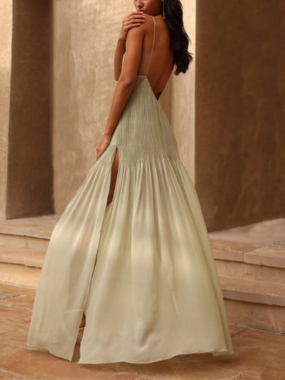 Trisha® | Langes Schlitzkleid aus plissiertem Patchwork