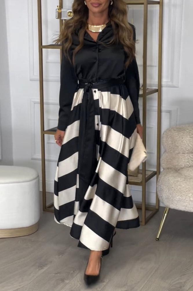 Hemdblusenkleid mit Gürtel | Streifendesign | Satin-Finish
