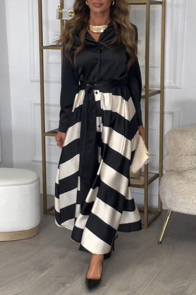 Hemdblusenkleid mit Gürtel | Streifendesign | Satin-Finish