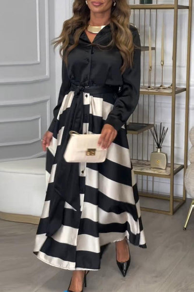 Hemdblusenkleid mit Gürtel | Streifendesign | Satin-Finish
