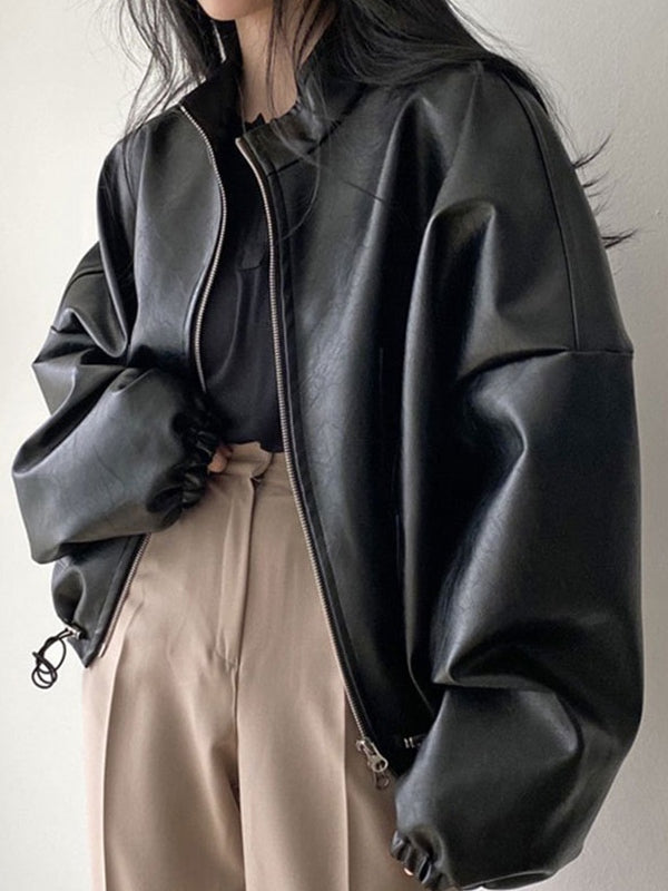Heidi-Mode | Schwarze Lederjacke Mit Kordelzug Und Kragenkragen