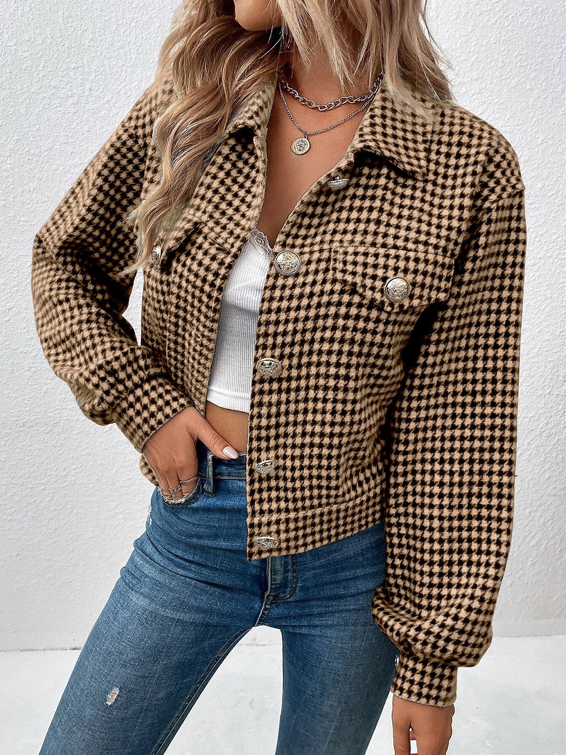 Hahnentritt-Jacke im Cropped-Stil | Strukturierter Stoff | Klassisches Muster
