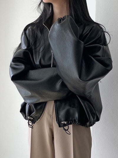 Heidi-Mode | Schwarze Lederjacke Mit Kordelzug Und Kragenkragen