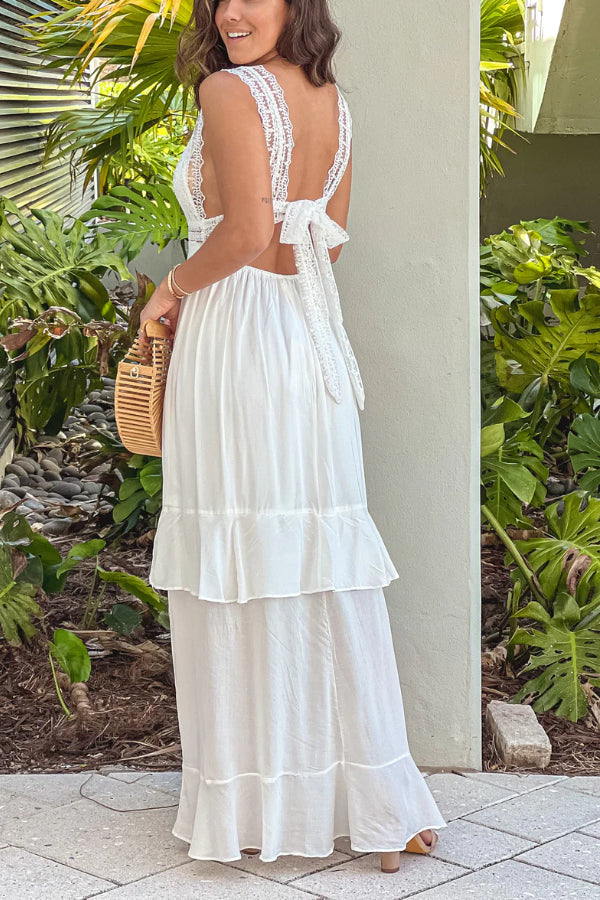 Romina® | Off-White-Maxikleid mit Spitzenoberteil und Schleife hinten