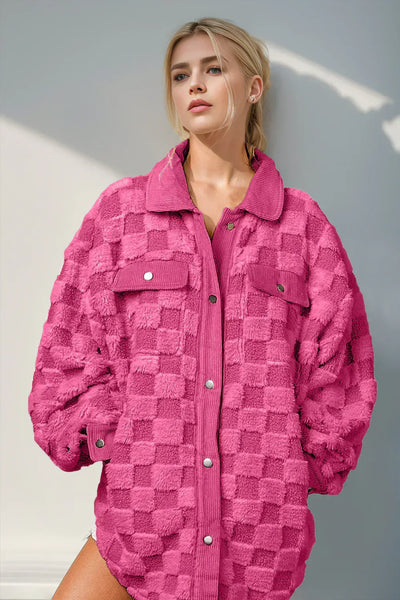 Karierte Teddyjacke | Oversize Fit | Druckknopfverschluss