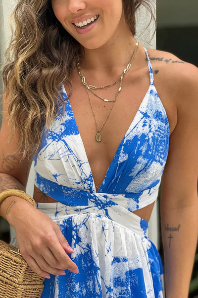 Vanesa® | Weiß-blau bedrucktes Maxikleid mit Ausschnitten