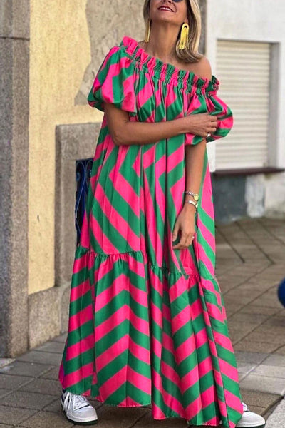 Ivana® | Schulterfreies Midikleid aus Leinenmischung mit Rüschen, Puffärmeln und Taschen
