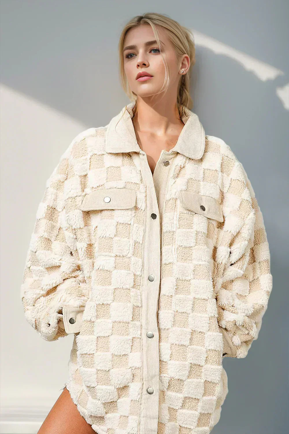 Karierte Teddyjacke | Oversize Fit | Druckknopfverschluss
