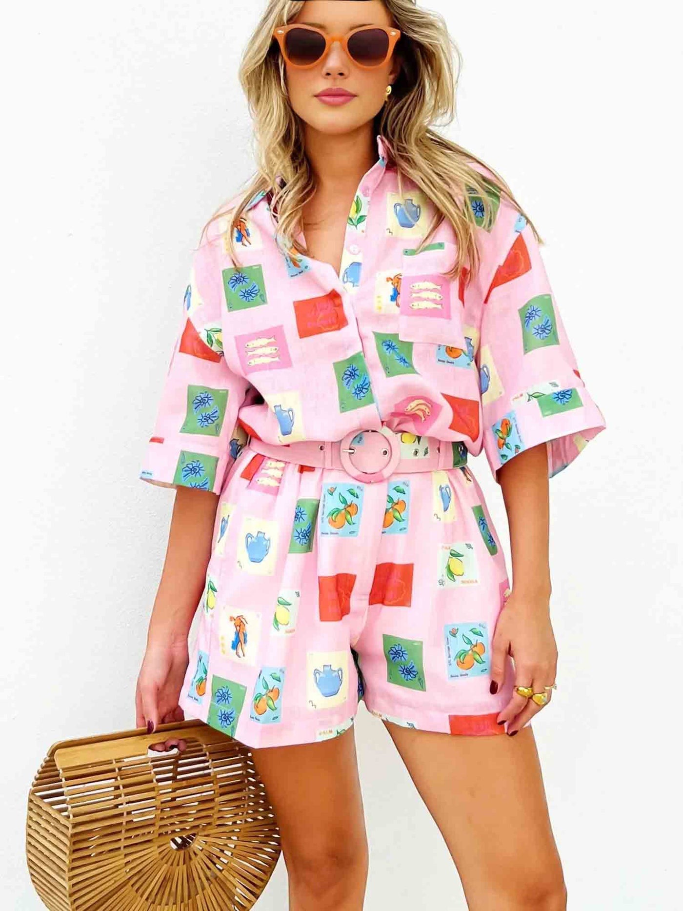 Ruwella | Shorts-Set - Rosa Stempeldruck