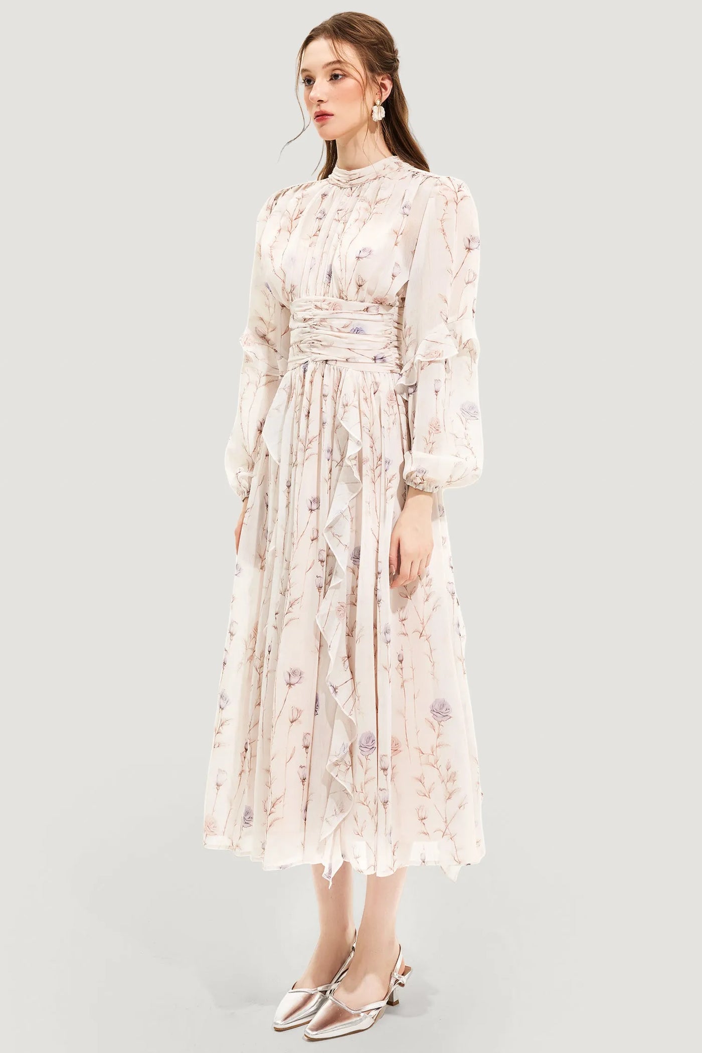 Maxikleid mit Blumenmuster | Hoher Kragen | Romantisch und Elegant