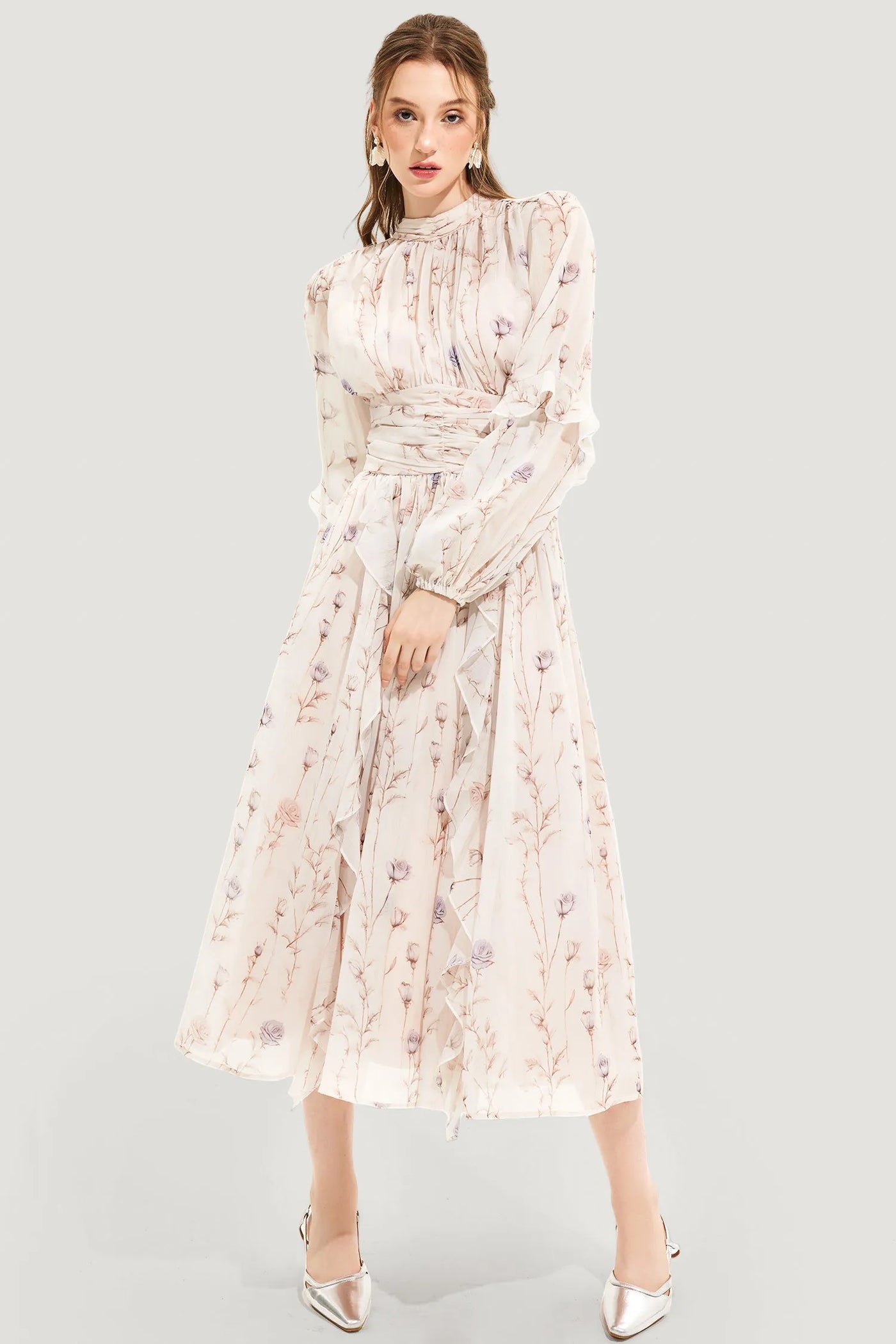 Maxikleid mit Blumenmuster | Hoher Kragen | Romantisch und Elegant