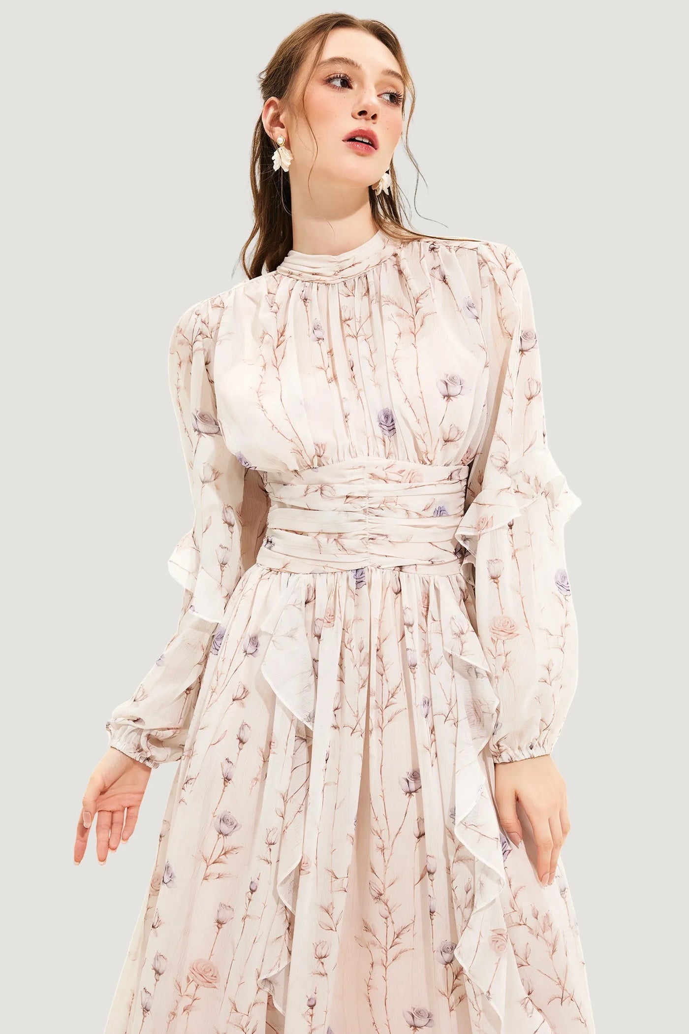 Maxikleid mit Blumenmuster | Hoher Kragen | Romantisch und Elegant