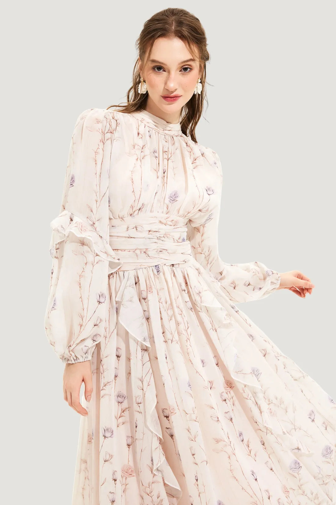 Maxikleid mit Blumenmuster | Hoher Kragen | Romantisch und Elegant