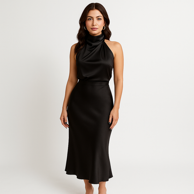 Midikleid mit Wasserfallausschnitt | Ärmellos | Fließende Eleganz