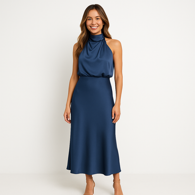 Midikleid mit Wasserfallausschnitt | Ärmellos | Fließende Eleganz