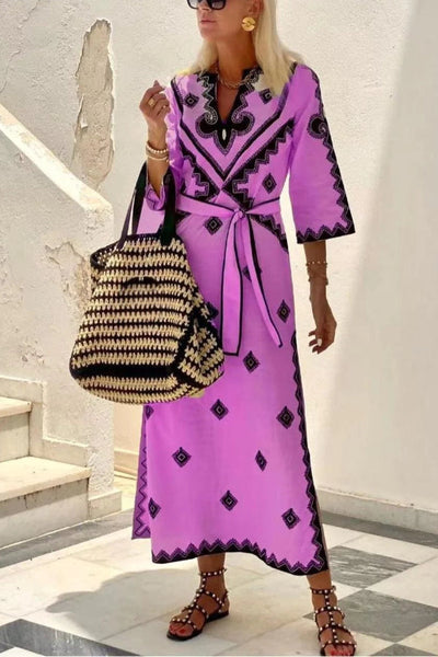 Lorena® | Modisches bedrucktes Leinen-Bohemian-Kleid