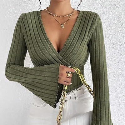 Josien | Flared V-neck Ribbed Langarmshirt