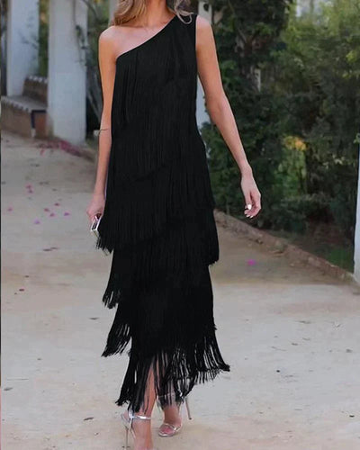 One-Shoulder-Kleid mit Fransen | Fließender Schnitt | Glamouröser Abend-Look
