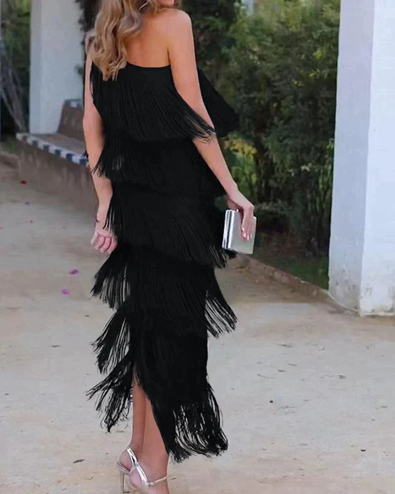One-Shoulder-Kleid mit Fransen | Fließender Schnitt | Glamouröser Abend-Look