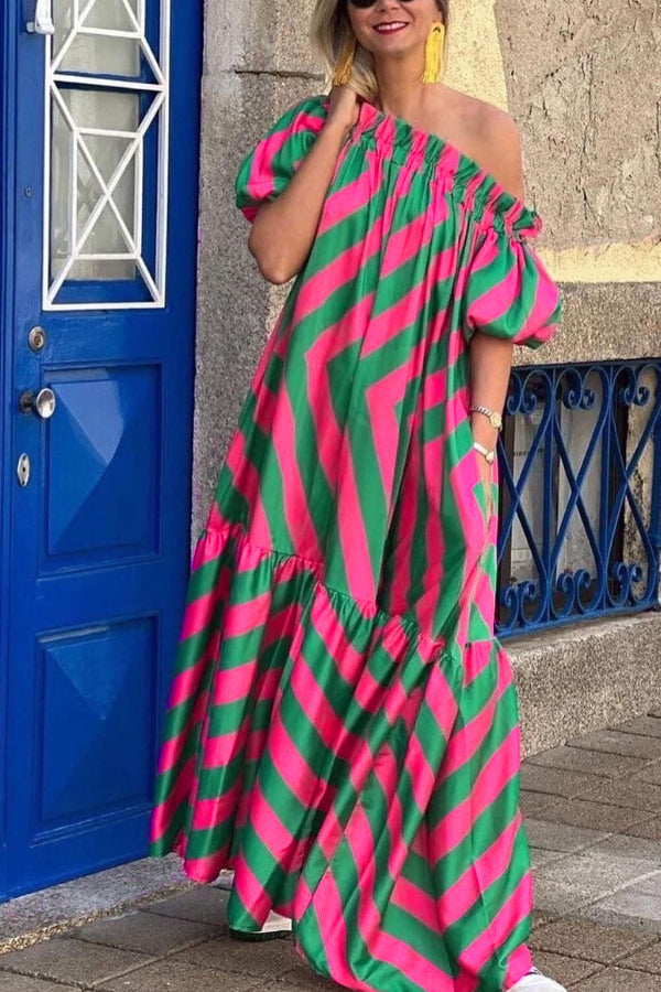 Ivana® | Schulterfreies Midikleid aus Leinenmischung mit Rüschen, Puffärmeln und Taschen