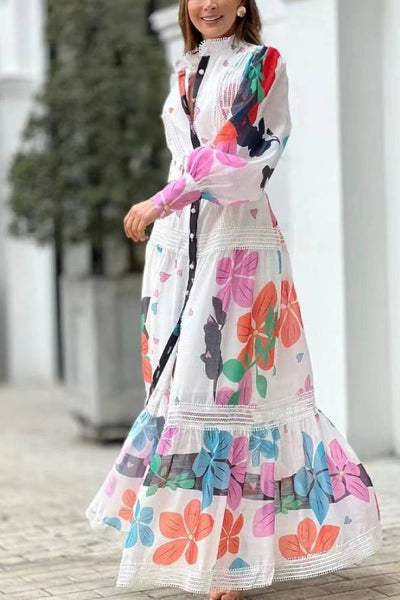Madelyn® | Einreihiges, langärmliges Maxikleid mit Blumendruck und Spitzeneinsätzen