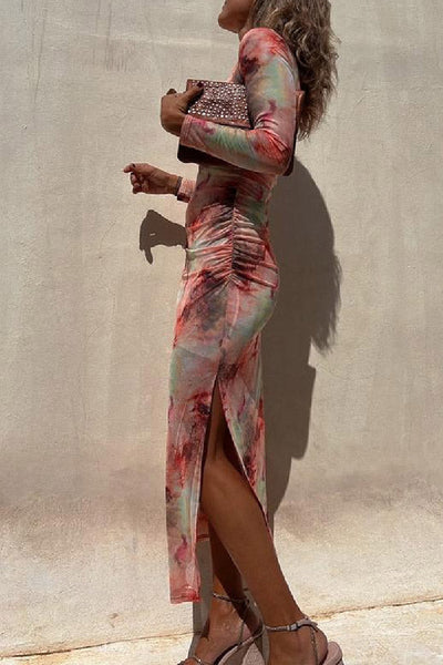 Taylor® | Charm Lady Mesh Overlay Tie Dye Print Langarm gerafftes Stretch-Midikleid