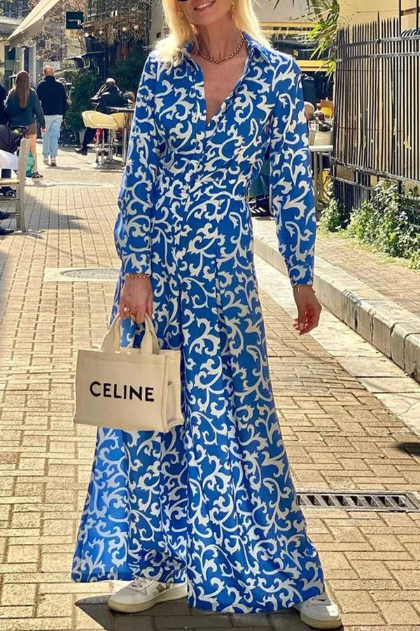 Luisa® | Langärmliges Hemd-Maxikleid mit Ethno-Print, Reversknopftasche und Hemd