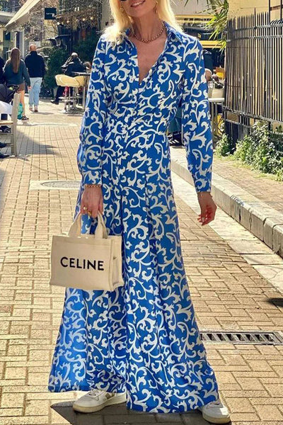 Luisa® | Langärmliges Hemd-Maxikleid mit Ethno-Print, Reversknopftasche und Hemd
