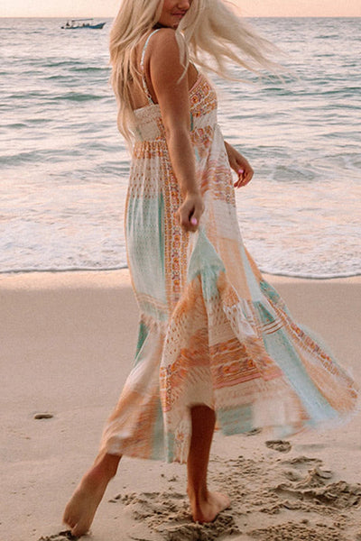 Thalía® | Mehrfarbiges Sommerkleid mit eckigem Ausschnitt im Boho-Patchwork-Print