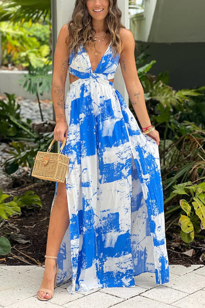 Vanesa® | Weiß-blau bedrucktes Maxikleid mit Ausschnitten