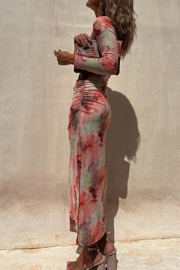 Taylor® | Charm Lady Mesh Overlay Tie Dye Print Langarm gerafftes Stretch-Midikleid