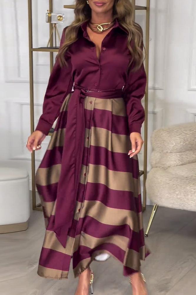 Hemdblusenkleid mit Gürtel | Streifendesign | Satin-Finish