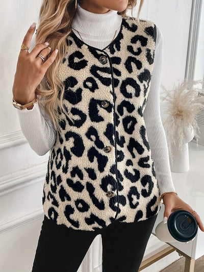 Giulia – Leopard Button-Up Sherpa Weste für Damen