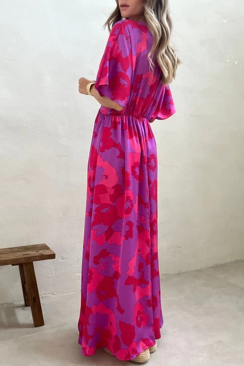 Paisley® | Rosafarbenes Dolman-Maxikleid mit abstraktem Blumendruck und V-Ausschnitt