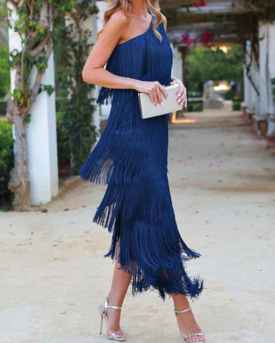 One-Shoulder-Kleid mit Fransen | Fließender Schnitt | Glamouröser Abend-Look