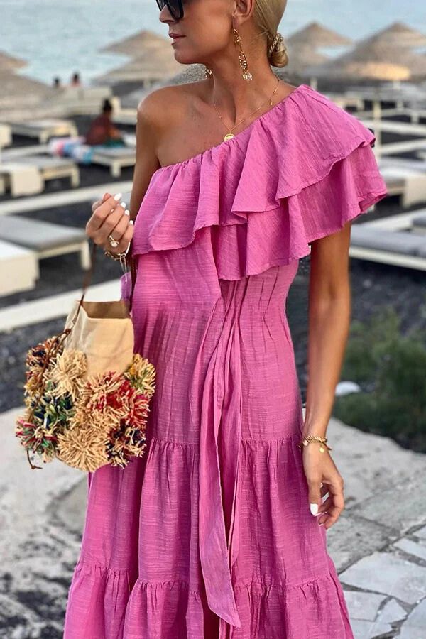Danna® | Maxikleid aus Baumwollmischung mit Rüschen und One-Shoulder-Gürtel