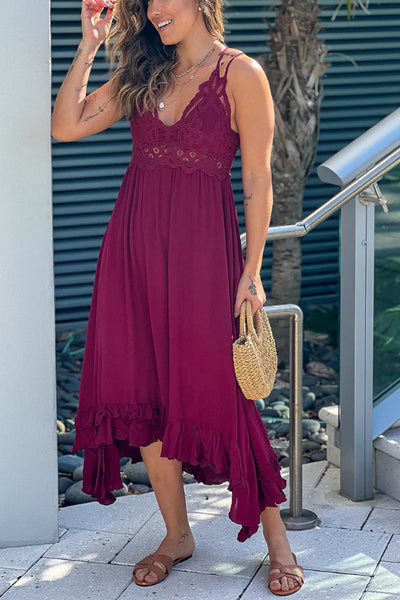 Verónica® | Granatrotes Häkeloberteil-High-Low-Kleid