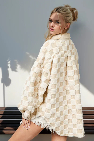 Karierte Teddyjacke | Oversize Fit | Druckknopfverschluss