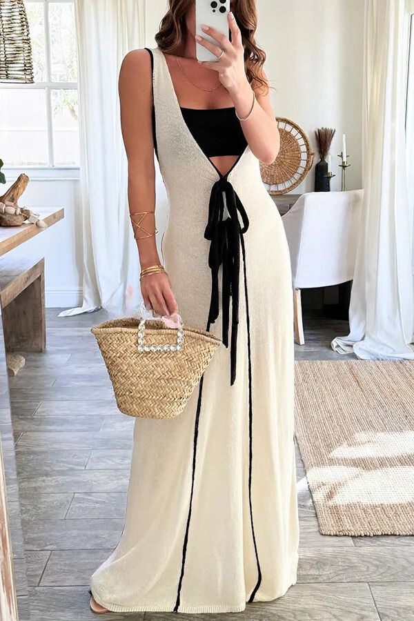 Dayana® | Fließendes Maxikleid in Kontrastfarbe zum Selbstbinden