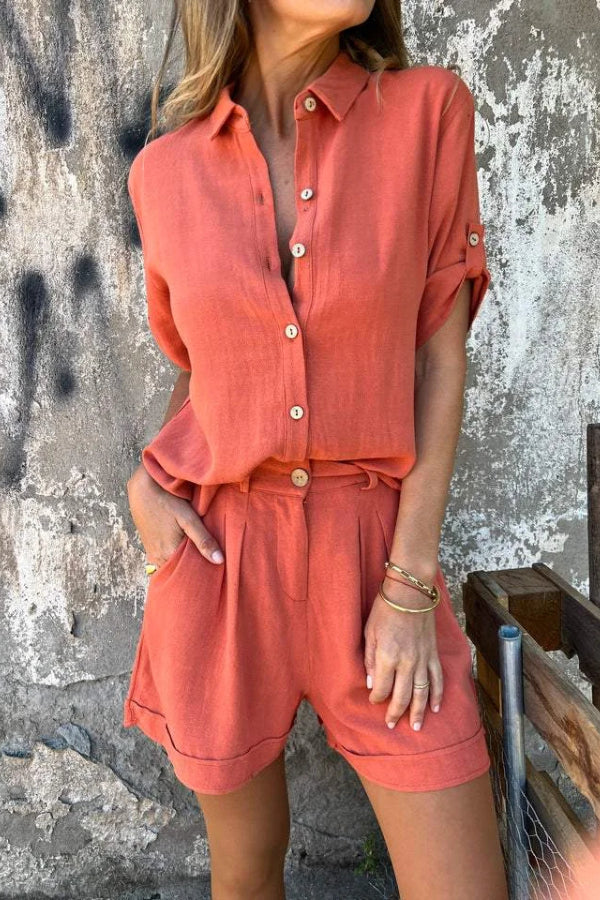 Aranza® | Orange Sommeranzug aus Baumwolle und Leinen mit kurzen Ärmeln