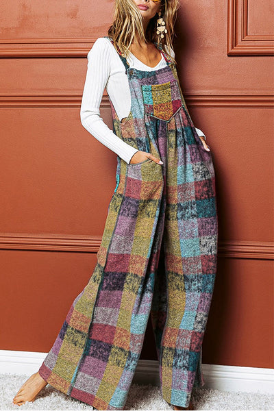 Louisa® | Gebürsteter, karierter Overall mit plissiertem Bein und weitem Bein
